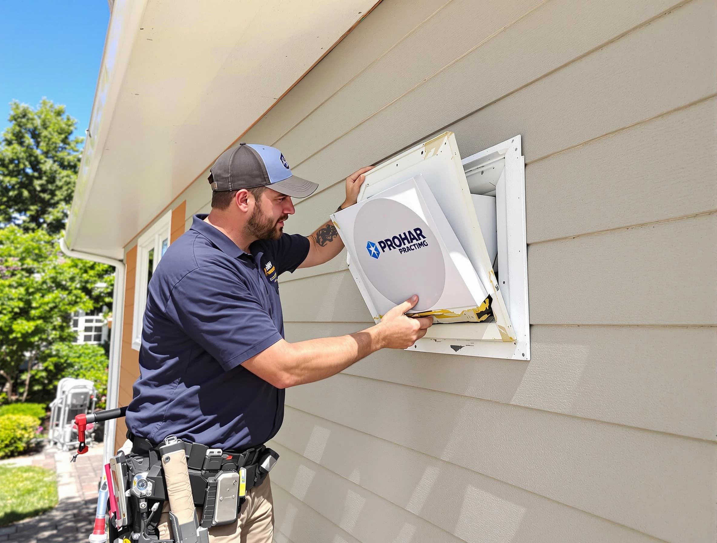 Phoenix Dryer Vent Cleaning technician installing a new protective dryer vent cover on a home in Phoenix