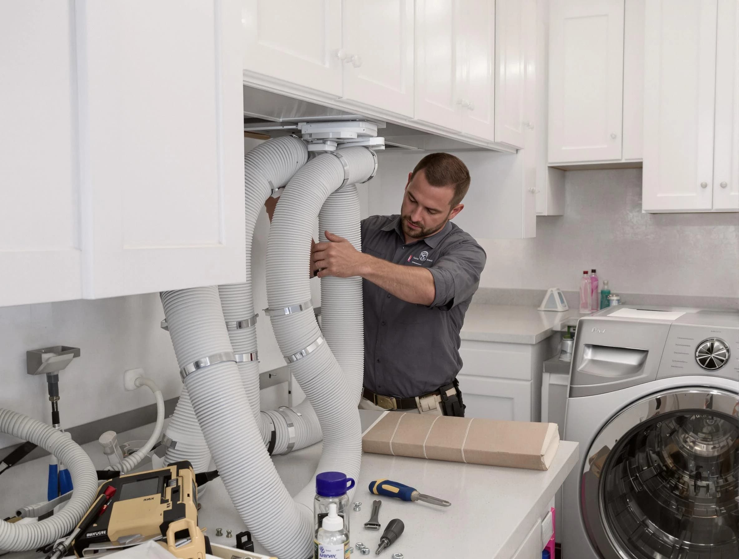 Phoenix Dryer Vent Cleaning technician installing a new professional-grade dryer vent hose in Phoenix