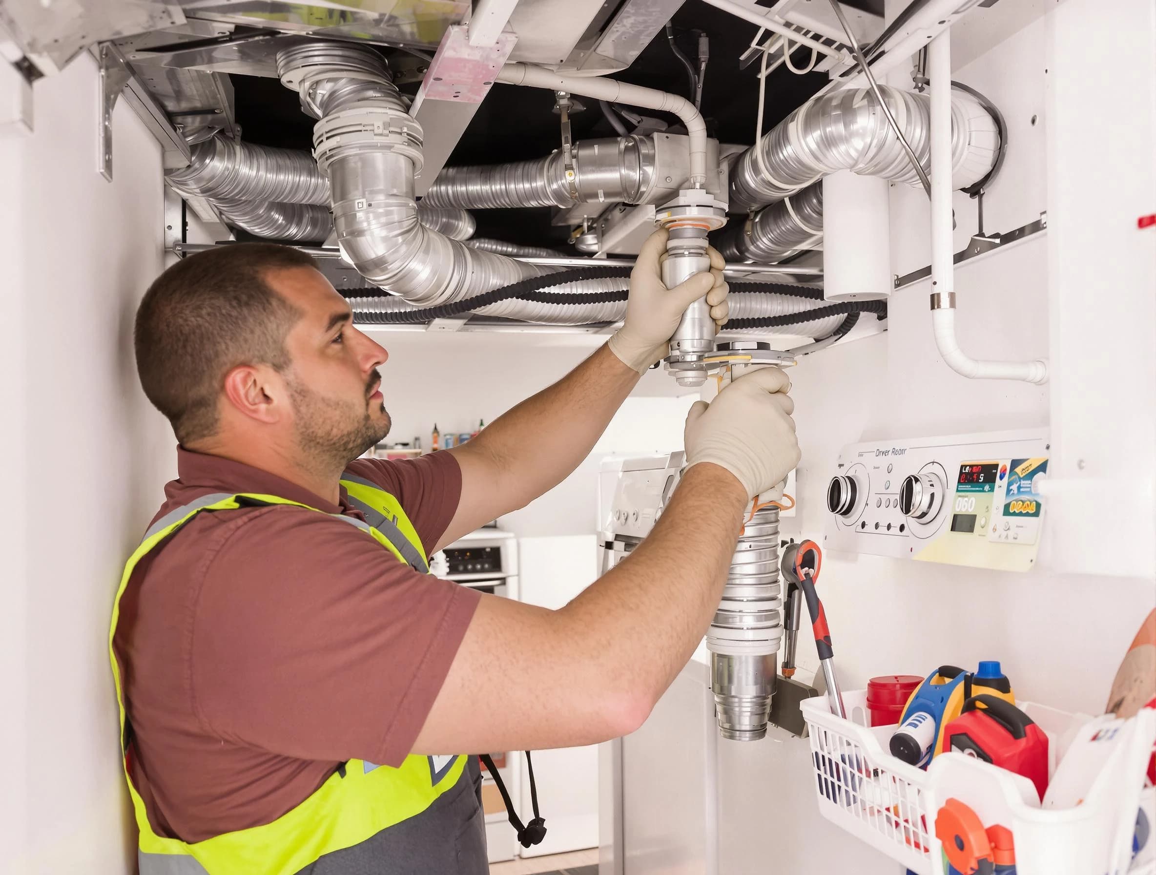 Phoenix Dryer Vent Cleaning expert performing both repair and installation work on a dryer vent system in Phoenix