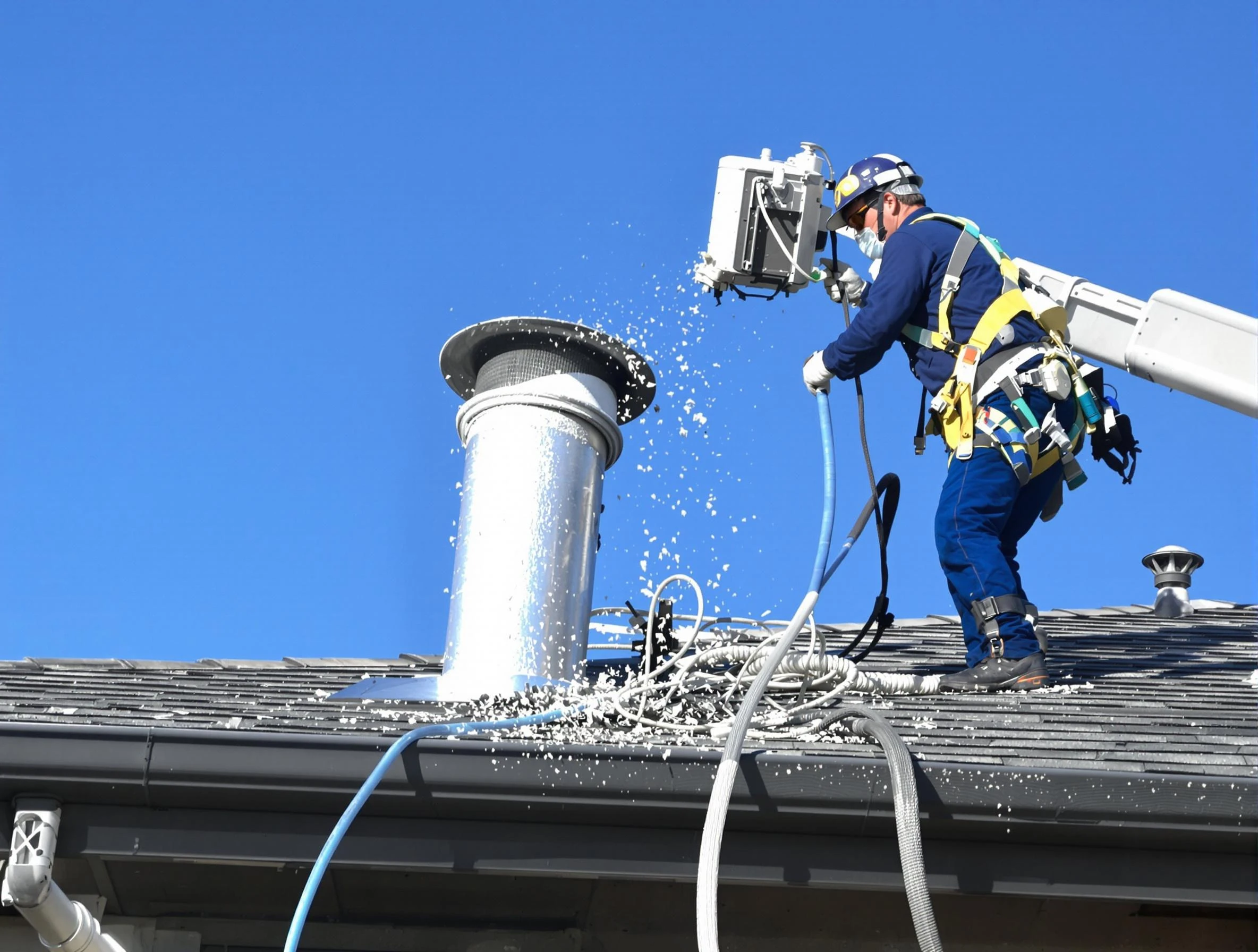 Phoenix Dryer Vent Cleaning certified technician safely cleaning a roof-mounted dryer vent in Phoenix