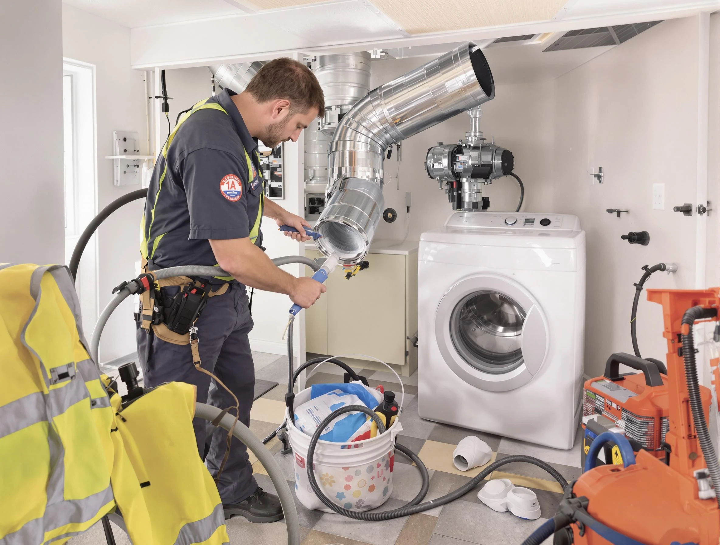 Phoenix Dryer Vent Cleaning technician using specialized equipment to clear severe dryer vent blockage in Phoenix