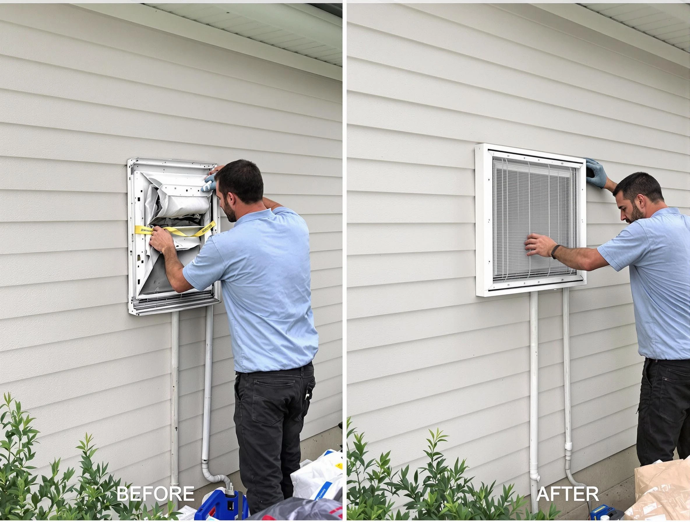 Phoenix Dryer Vent Cleaning technician installing high-quality dryer vent cover at a residential property in Phoenix